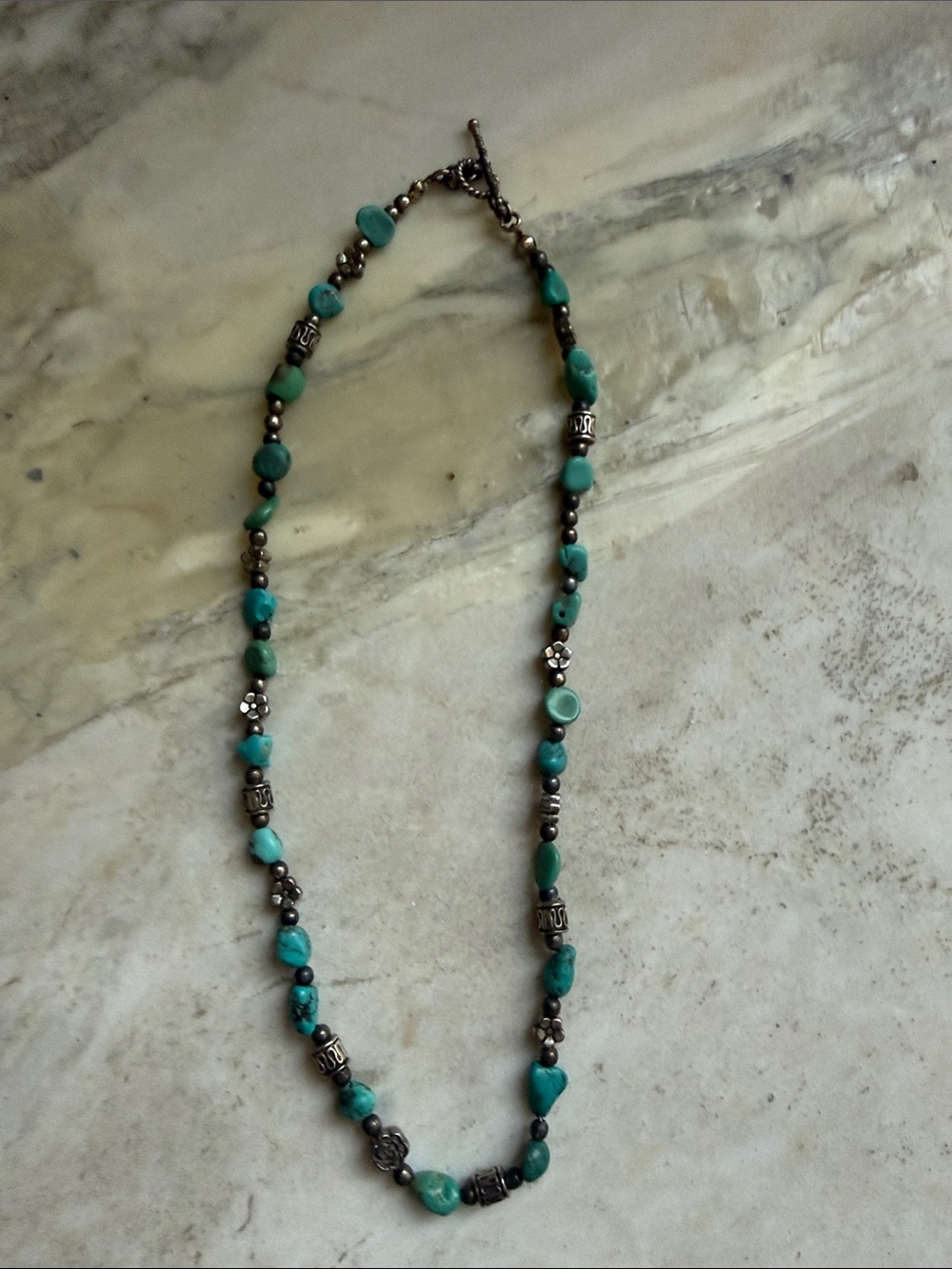 Turquoise and sterling silver  Bead Necklace - Blue-Green Stone Strand